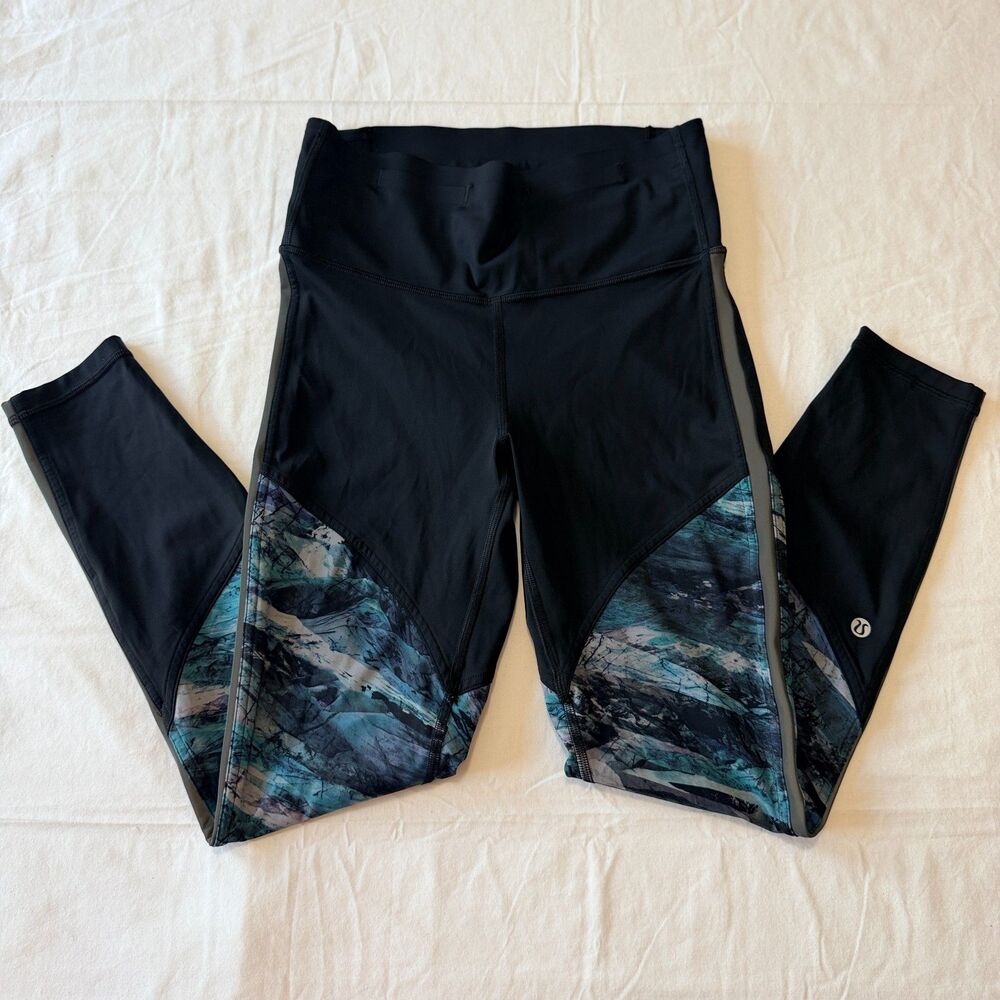 Lululemon Leggings Size 6 High Rise Abstract Marble Teal Black Mesh Tight Nulu